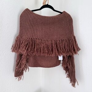 Willow & Root The Buckle Off the Shoulder Fringe Sweater